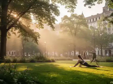 Eine Person praktiziert Yoga in einem sonnendurchfluteten Stadtpark am frühen Morgen. - Foto: über boerse-global.de