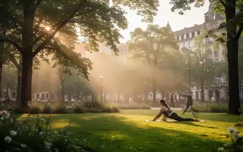 Eine Person praktiziert Yoga in einem sonnendurchfluteten Stadtpark am frühen Morgen. - Foto: über boerse-global.de