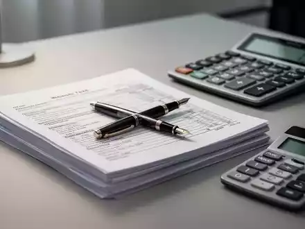 Ein moderner Schreibtisch mit Steuerunterlagen, Stift und Taschenrechner als Symbol für Finanzrecht und Buchhaltung. - Foto: über boerse-global.de