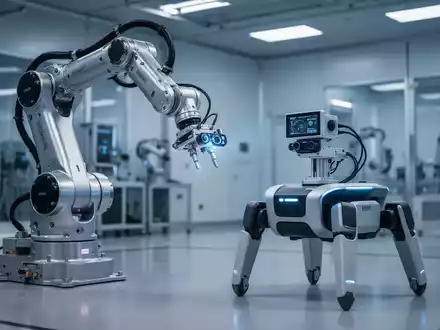 Ein hochmoderner Industrieroboterarm und ein vierbeiniger Roboter arbeiten in einer technologisch fortschrittlichen Halle. - Foto: über boerse-global.de