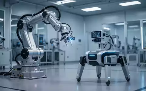 Ein hochmoderner Industrieroboterarm und ein vierbeiniger Roboter arbeiten in einer technologisch fortschrittlichen Halle. - Foto: über boerse-global.de