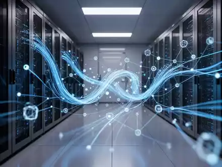Abstrakte Visualisierung eines digitalen Blockchain-Netzwerks mit leuchtenden Datenströmen in einer modernen Serverumgebung. - Foto: über boerse-global.de