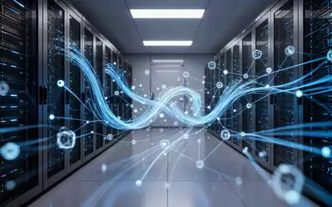 Abstrakte Visualisierung eines digitalen Blockchain-Netzwerks mit leuchtenden Datenströmen in einer modernen Serverumgebung. - Foto: über boerse-global.de