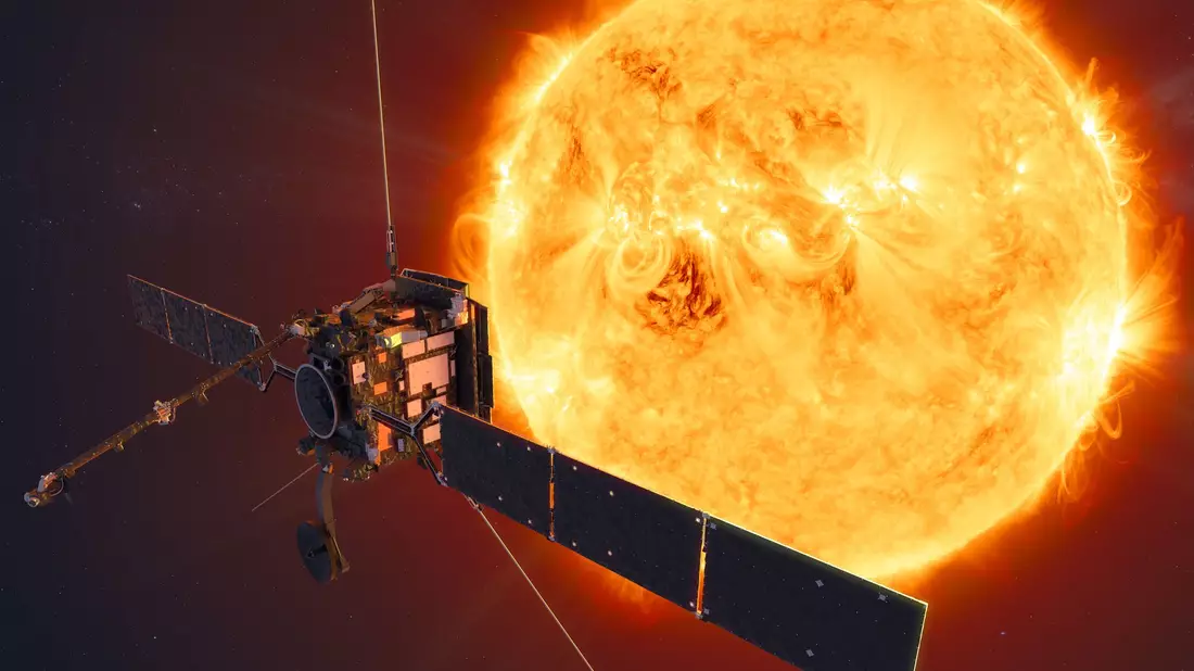 Künstlerische Darstellung der Raumsonde «Solar Orbiter» vor der Sonne - Bild: ESA/ATG Medialab/NASA/dpa