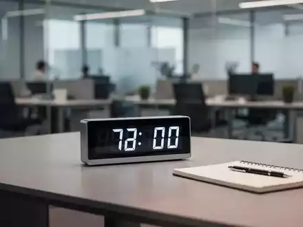 Ein moderner, schlichter Schreibtisch mit einer Digitaluhr, der eine professionelle Arbeitsatmosphäre symbolisiert. - Foto: über boerse-global.de