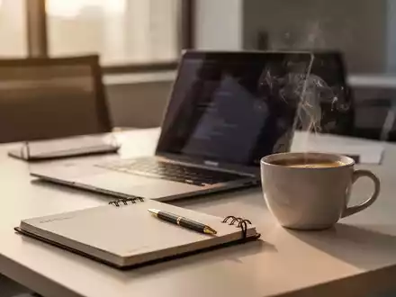 Ein aufgeräumter Schreibtisch mit Laptop und Kaffeetasse in ruhigem Morgenlicht als Symbol für den Arbeitsbeginn. - Foto: über boerse-global.de
