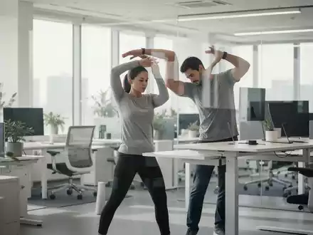 Eine Person führt in einem modernen Büro eine leichte Übung neben einem Stehpult aus, um die Fitness am Arbeitsplatz zu fördern. - Foto: über boerse-global.de
