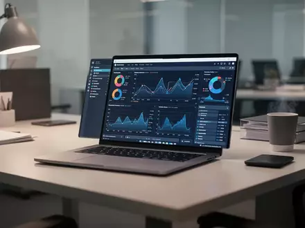 Moderner Büroarbeitsplatz mit Laptop, der Datenanalysen und Softwareoberflächen zeigt. - Foto: über boerse-global.de