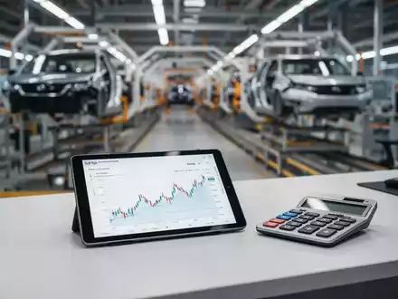 Ein moderner Arbeitsplatz mit einem Tablet, das Finanzdaten anzeigt, vor dem verschwommenen Hintergrund einer Autofabrik. - Foto: über boerse-global.de