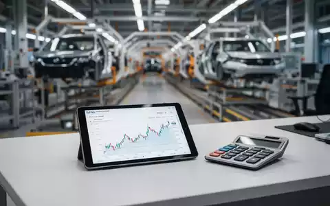 Ein moderner Arbeitsplatz mit einem Tablet, das Finanzdaten anzeigt, vor dem verschwommenen Hintergrund einer Autofabrik. - Foto: über boerse-global.de
