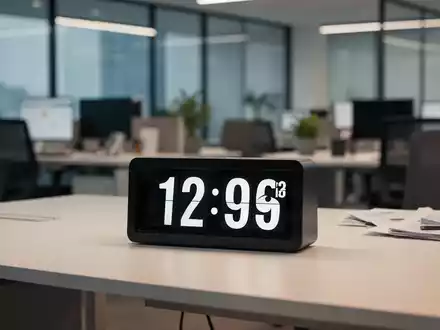 Ein moderner Schreibtisch mit einer Digitaluhr, die das Ende des Arbeitstages symbolisiert, in einer professionellen Büroumgebung. - Foto: über boerse-global.de