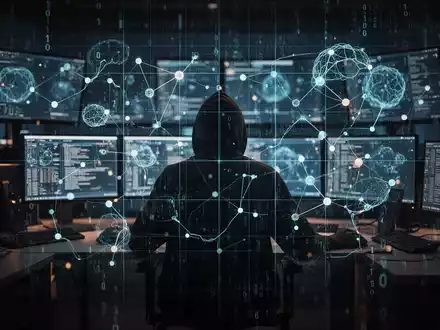 Digitale Visualisierung eines Cyberangriffs mit leuchtenden Datenströmen und abstrakten KI-Netzwerken im Hintergrund. - Foto: über boerse-global.de