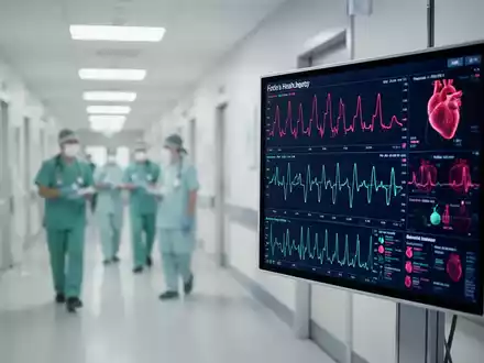 Moderner Krankenhausflur mit einem digitalen Monitor, der kardiologische Gesundheitsdaten anzeigt. - Foto: über boerse-global.de