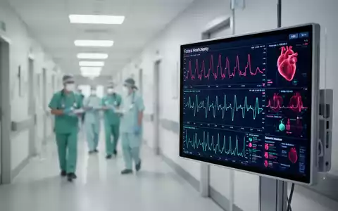 Moderner Krankenhausflur mit einem digitalen Monitor, der kardiologische Gesundheitsdaten anzeigt. - Foto: über boerse-global.de