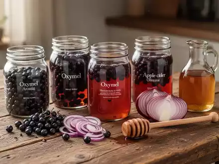 Gläser mit Oxymel, Aroniabeeren, Zwiebeln, Honig und Apfelessig auf einem Holztisch zur Immunstärkung. - Foto: über boerse-global.de