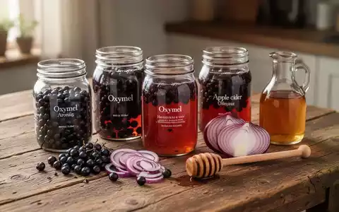 Gläser mit Oxymel, Aroniabeeren, Zwiebeln, Honig und Apfelessig auf einem Holztisch zur Immunstärkung. - Foto: über boerse-global.de