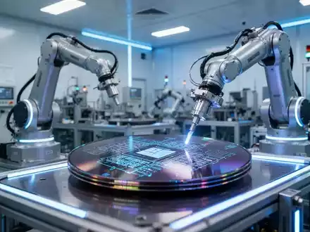 Moderne Halbleiter-Fertigungsanlage mit Roboterarmen in einer Reinraumumgebung. - Foto: über boerse-global.de