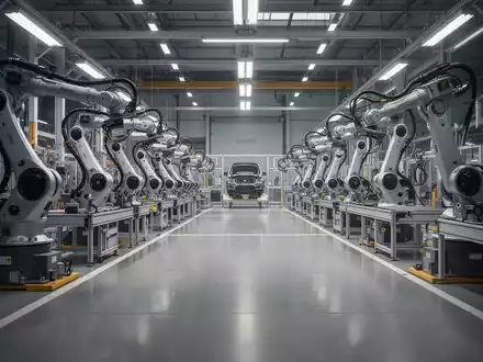 Moderne, menschenleere Montagehalle eines Automobilwerks mit Robotern und Produktionslinien. - Foto: über boerse-global.de