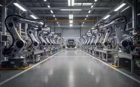 Moderne, menschenleere Montagehalle eines Automobilwerks mit Robotern und Produktionslinien. - Foto: über boerse-global.de