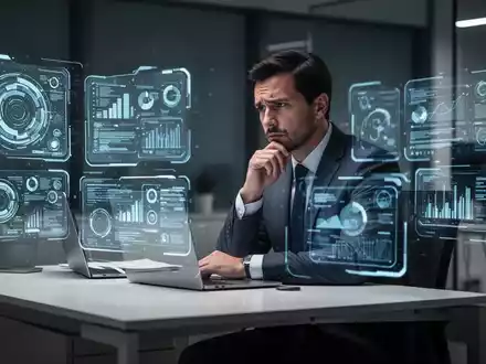 Ein erschöpfter Büroangestellter blickt nachdenklich auf mehrere leuchtende digitale Datenoberflächen an einem modernen Schreibtisch. - Foto: über boerse-global.de