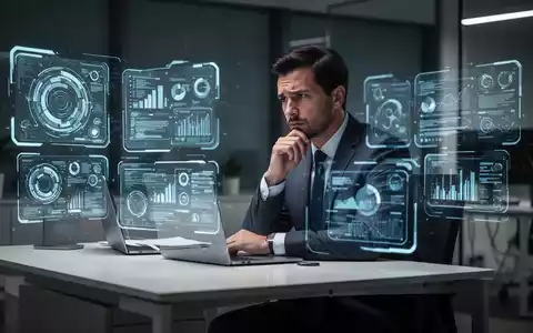 Ein erschöpfter Büroangestellter blickt nachdenklich auf mehrere leuchtende digitale Datenoberflächen an einem modernen Schreibtisch. - Foto: über boerse-global.de
