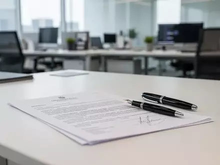Ein moderner, aufgeräumter Schreibtisch mit einem juristischen Dokument und einem Füllfederhalter in einem hellen Büro. - Foto: über boerse-global.de