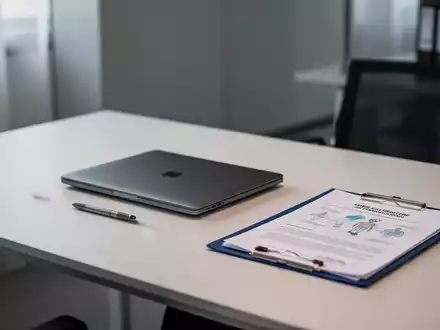 Ein minimalistischer Büroschreibtisch mit einem Laptop und einer Akte, der die rechtliche Thematik der Arbeitsunfähigkeit visualisiert. - Foto: über boerse-global.de
