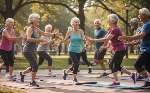 Eine Gruppe aktiver Senioren nimmt gemeinsam an einem Fitnessprogramm im Freien teil. - Foto: über boerse-global.de