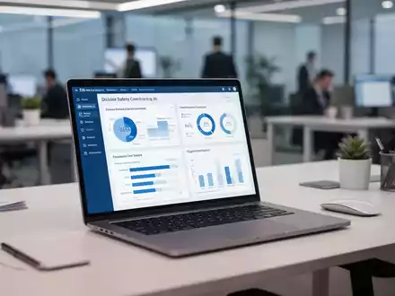 Moderner Büroarbeitsplatz mit Laptop, auf dem digitale Compliance-Dashboards für die betriebliche Arbeitssicherheit zu sehen sind. - Foto: über boerse-global.de