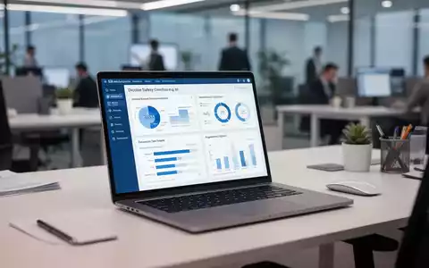 Moderner Büroarbeitsplatz mit Laptop, auf dem digitale Compliance-Dashboards für die betriebliche Arbeitssicherheit zu sehen sind. - Foto: über boerse-global.de