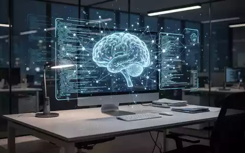 Moderner, dunkel beleuchteter Arbeitsplatz mit holografischer Benutzeroberfläche, die neuronale Netzwerke symbolisiert. - Foto: über boerse-global.de