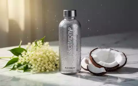 Eine Flasche Elektrolytgetränk mit Holunderblüten und Kokosnussstücken auf einer Marmoroberfläche bei sommerlichem Licht. - Foto: über boerse-global.de