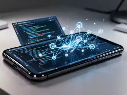 Ein modernes Smartphone mit komplexem Softwarecode und KI-Oberflächenelementen in einem professionellen Studio. - Foto: über boerse-global.de