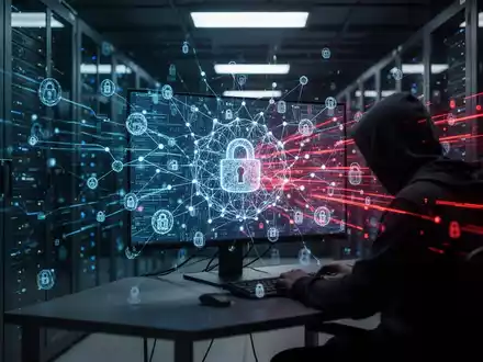 Digitale abstrakte Darstellung von KI-gestützter Cybersicherheit und Datenströmen in einem dunklen Serverraum. - Foto: über boerse-global.de