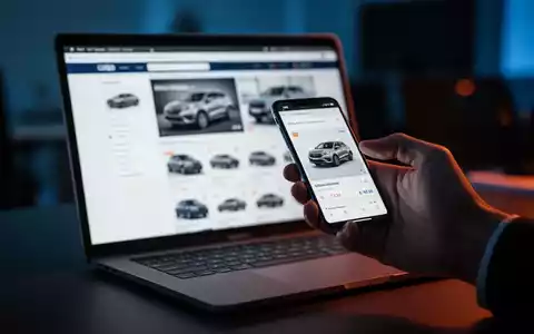 Ein Laptop mit einer Autoverkaufsplattform neben einem Smartphone, das die Gefahr von Online-Betrug bei Autokäufen symbolisiert. - Foto: über boerse-global.de