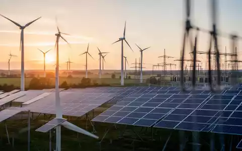 Moderne Windkraftanlagen und Solarparks in einer deutschen Landschaft bei Sonnenaufgang mit Strommasten im Hintergrund. - Foto: über boerse-global.de