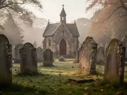 Ein ruhiger Friedhof mit alten Grabsteinen und einer Kapelle im Hintergrund bei sanftem Morgenlicht. - Foto: über boerse-global.de