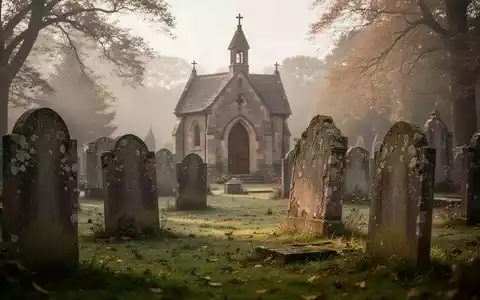 Ein ruhiger Friedhof mit alten Grabsteinen und einer Kapelle im Hintergrund bei sanftem Morgenlicht. - Foto: über boerse-global.de