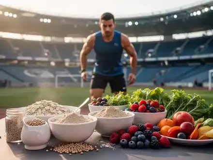 Hochwertige pflanzliche Sportnahrung mit Haferflocken, Beeren und Sojaprotein vor einer Leichtathletik-Arena. - Foto: über boerse-global.de