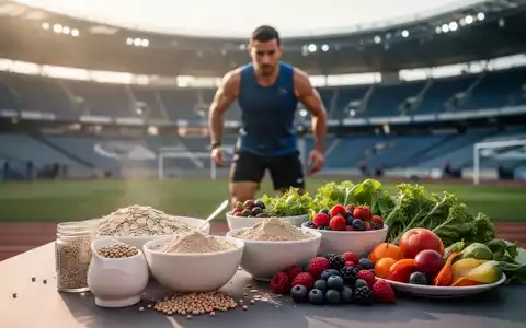 Hochwertige pflanzliche Sportnahrung mit Haferflocken, Beeren und Sojaprotein vor einer Leichtathletik-Arena. - Foto: über boerse-global.de