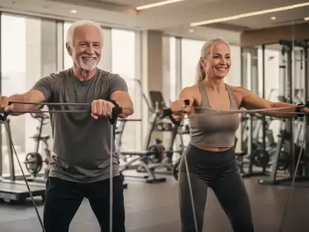 Ein fittes älteres Paar beim gezielten Krafttraining mit Widerstandsbändern in einem modernen Fitnessstudio. - Foto: über boerse-global.de