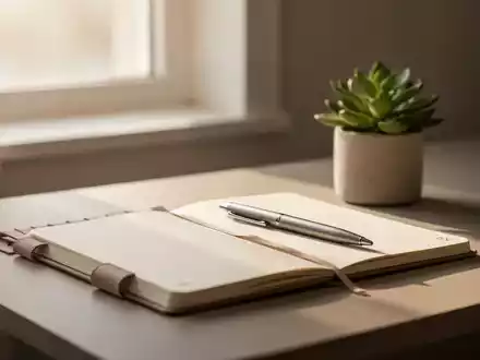 Ein minimalistischer Schreibtisch mit Notizbuch und Pflanze bei sanftem Tageslicht als Symbol für Achtsamkeit. - Foto: über boerse-global.de