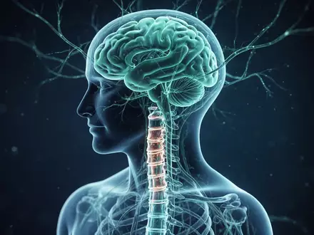 Abstrakte Visualisierung eines menschlichen Nervensystems mit leuchtenden neuronalen Verbindungen vor dunklem Hintergrund. - Foto: über boerse-global.de
