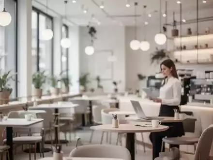 Eine Frau in einem modernen Café-Ambiente, symbolisch für die Beschäftigungssituation im Dienstleistungssektor. - Foto: über boerse-global.de
