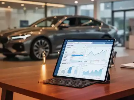 Digitales Tablet mit Buchhaltungssoftware in einem Autohaus mit unscharfem Fahrzeug im Hintergrund. - Foto: über boerse-global.de