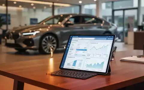 Digitales Tablet mit Buchhaltungssoftware in einem Autohaus mit unscharfem Fahrzeug im Hintergrund. - Foto: über boerse-global.de