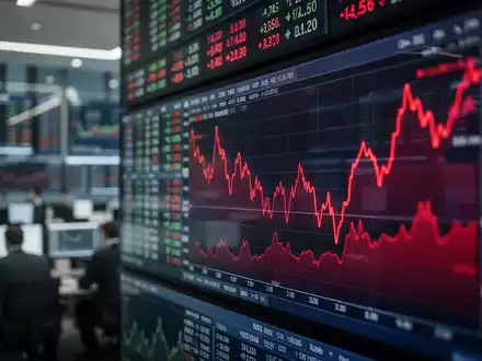 Rote Aktienkurse auf einem digitalen Display vor einem unscharfen Hintergrund eines Finanzhandelsplatzes. - Foto: über boerse-global.de