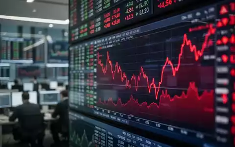 Rote Aktienkurse auf einem digitalen Display vor einem unscharfen Hintergrund eines Finanzhandelsplatzes. - Foto: über boerse-global.de