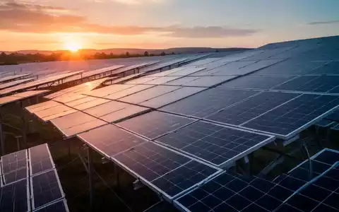 Reihen von Solarmodulen in einem Solarpark bei Sonnenuntergang als Symbol für Erneuerbare-Energien-Projekte. - Foto: über boerse-global.de