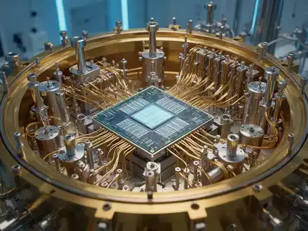 Ein hochmoderner Quantenprozessor in einem kryogenen Kühlbehälter, beleuchtet in einer technologischen Laborumgebung. - Foto: über boerse-global.de